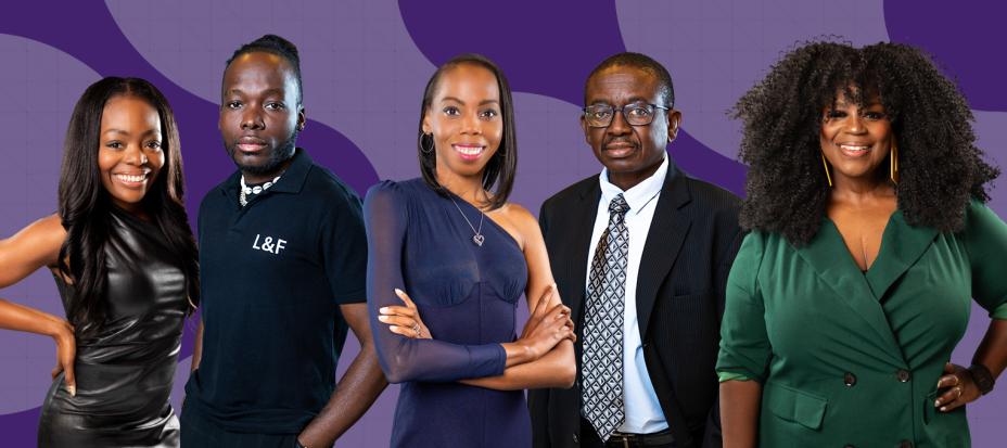 An image with a purple background of each of the people featured in the article: Ijeoma, Howard, Sharonda, Tray and Dominique.